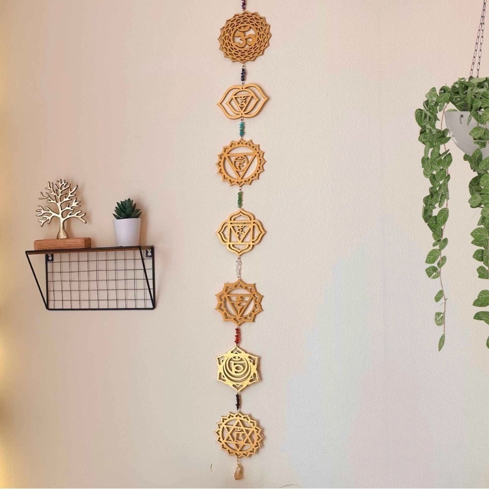 Gold Wooden Chakra Wall Hanging with Crystal Chip Accents